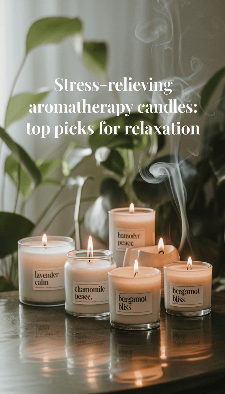 A photo of a serene, candle-lit environment. There are a variety of stress-relieving aromatherapy candles with labels such as 'Lavender Calm,' 'Chamomile Peace,' and 'Bergamot Bliss' set on a polished wooden surface. Soft, swirling wisps of smoke rise, carrying the soothing scents. In the background, gentle ambient light filters through lush green plants, emphasizing tranquility. The words "Stress-Relieving Aromatherapy Candles: Top Picks for Relaxation" are overlaid in elegant, calming fonts.