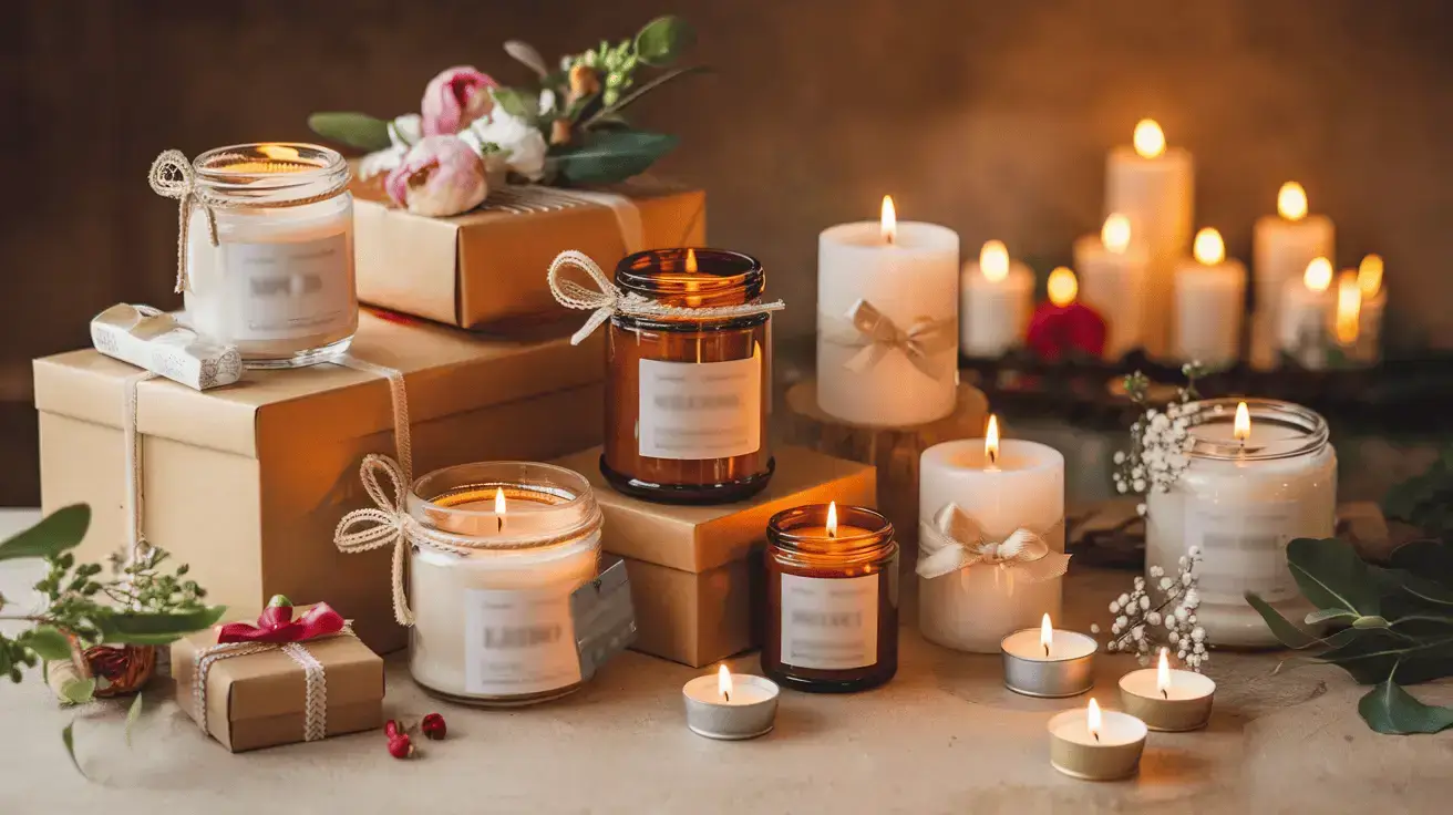 Beautifully arranged candle gift set featuring various jar candles, pillar candles, and tea lights on a festive table. The candles are wrapped with decorative ribbons, paired with gift boxes, flowers, and greenery, creating a cozy and thoughtful ambiance perfect for any occasion. Ideal for those seeking candle gift ideas for wellness, celebrations, and relaxation.