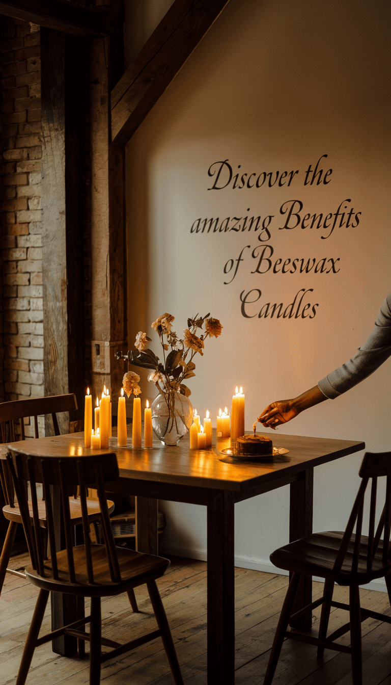 A photo of a cozy, dimly lit room with a wooden table and chairs. The table has a vase with flowers and a plate with a slice of cake. There are glowing beeswax candles on the table, creating warm, golden hues. The room has a rustic charm with exposed brick walls and wooden beams. A hand is reaching in to light another candle. In elegant text, the phrase "Discover the Amazing Benefits of Beeswax Candles" is written on the wall.