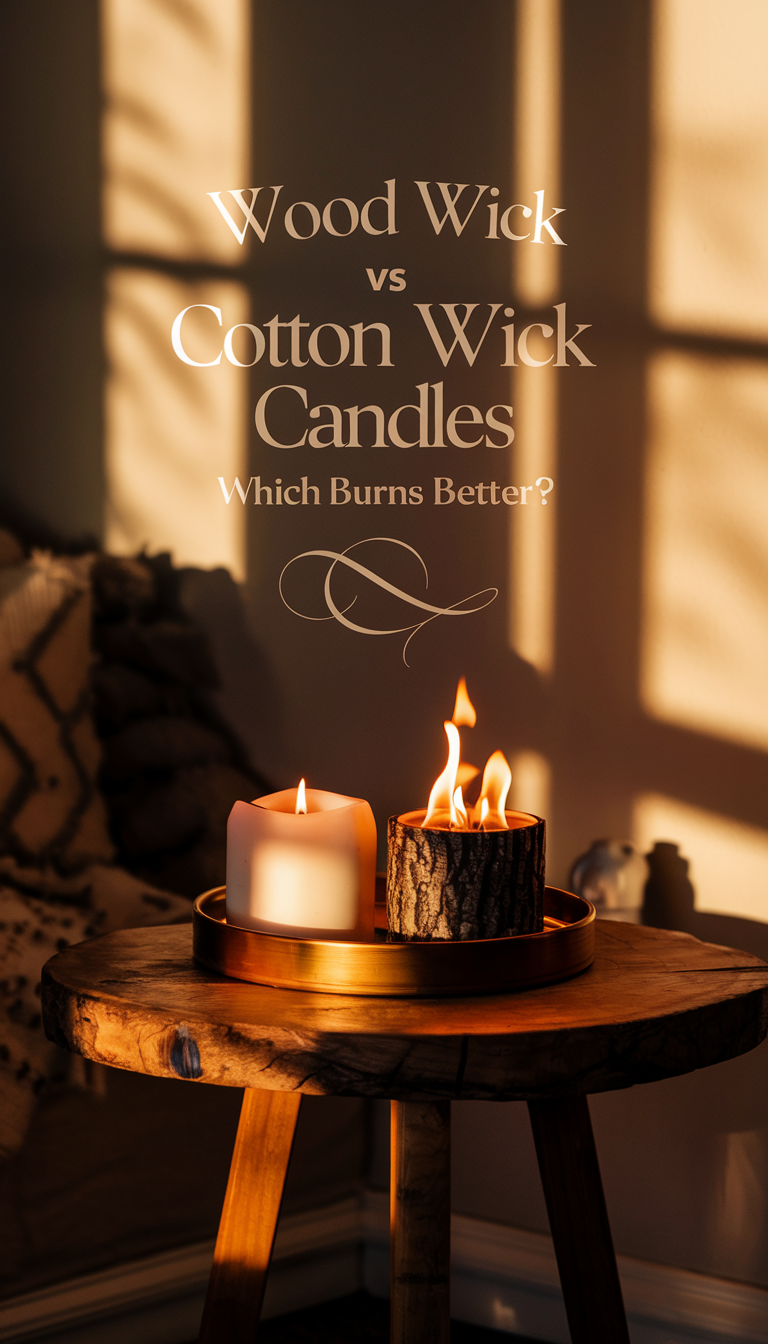 A photo of a cozy, dimly lit room with a rustic wooden table at the center. On the table, two candles burn side by side: one with a cotton wick, emitting a steady, soft glow, and the other with a wood wick, crackling gently with a larger, flickering flame. The warm light casts dancing shadows on the walls, creating an inviting atmosphere. Above the scene, the title "Wood Wick vs Cotton Wick Candles: Which Burns Better?" is elegantly inscribed in a stylish, warm-toned font, adding a touch of intrigue and charm.